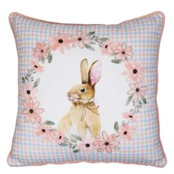 Baumwoll Kissen Hasen, Kaninchen im Blumenkranz, hellblau/rosa kariert, 45x45cm, Mars & More