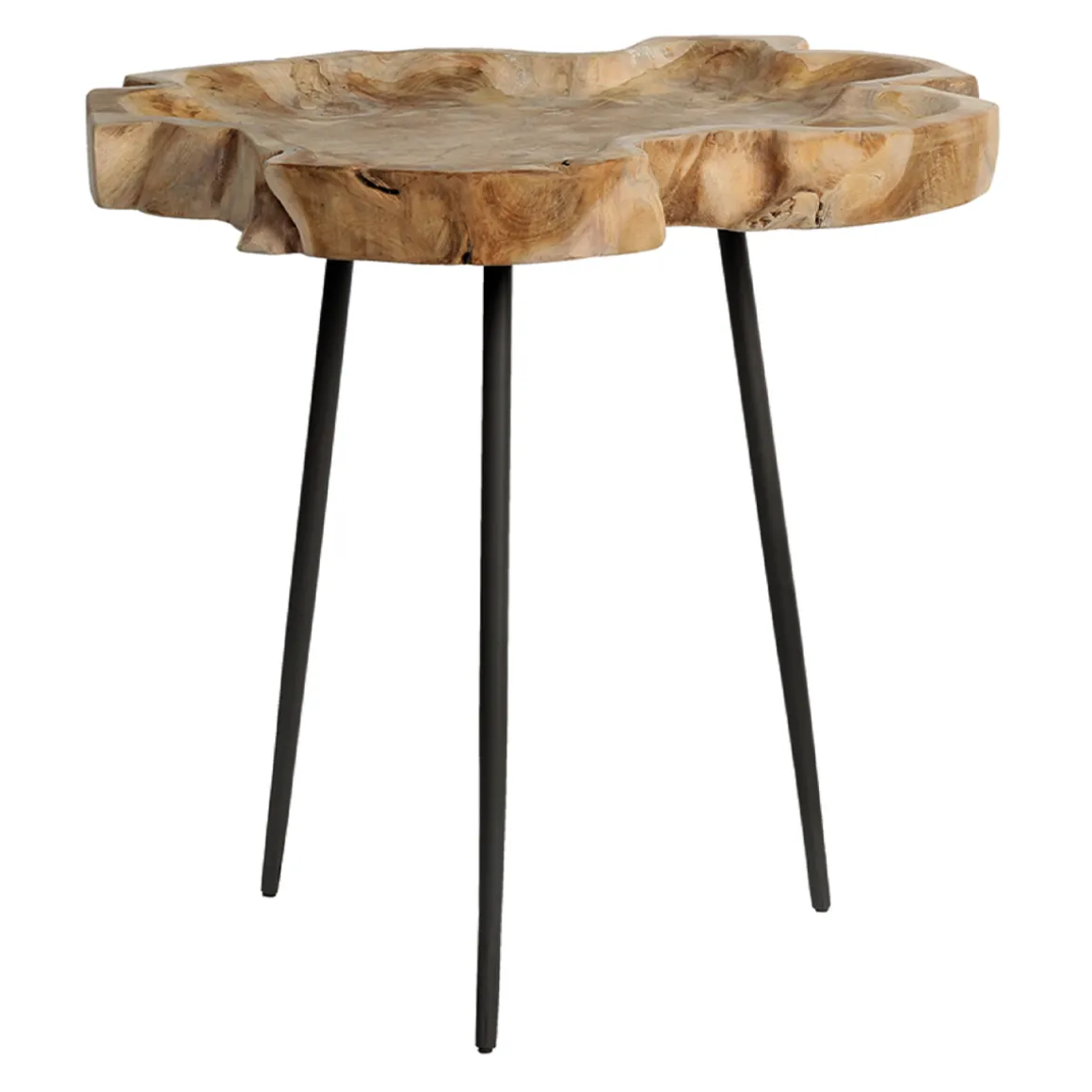 Beistelltisch Teak unfinish, unregelmäßige rustikale Teakholzscheibe auf 3 Beinen, WMG Grünberger