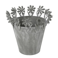 Übertopf mit Blumenrand, Zinktopf mit filigranen Blumen chabby chic grau, 20x19cm