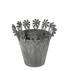 Übertopf mit Blumenrand, Zinktopf mit filigranen Blumen chabby chic grau, 15x13cm