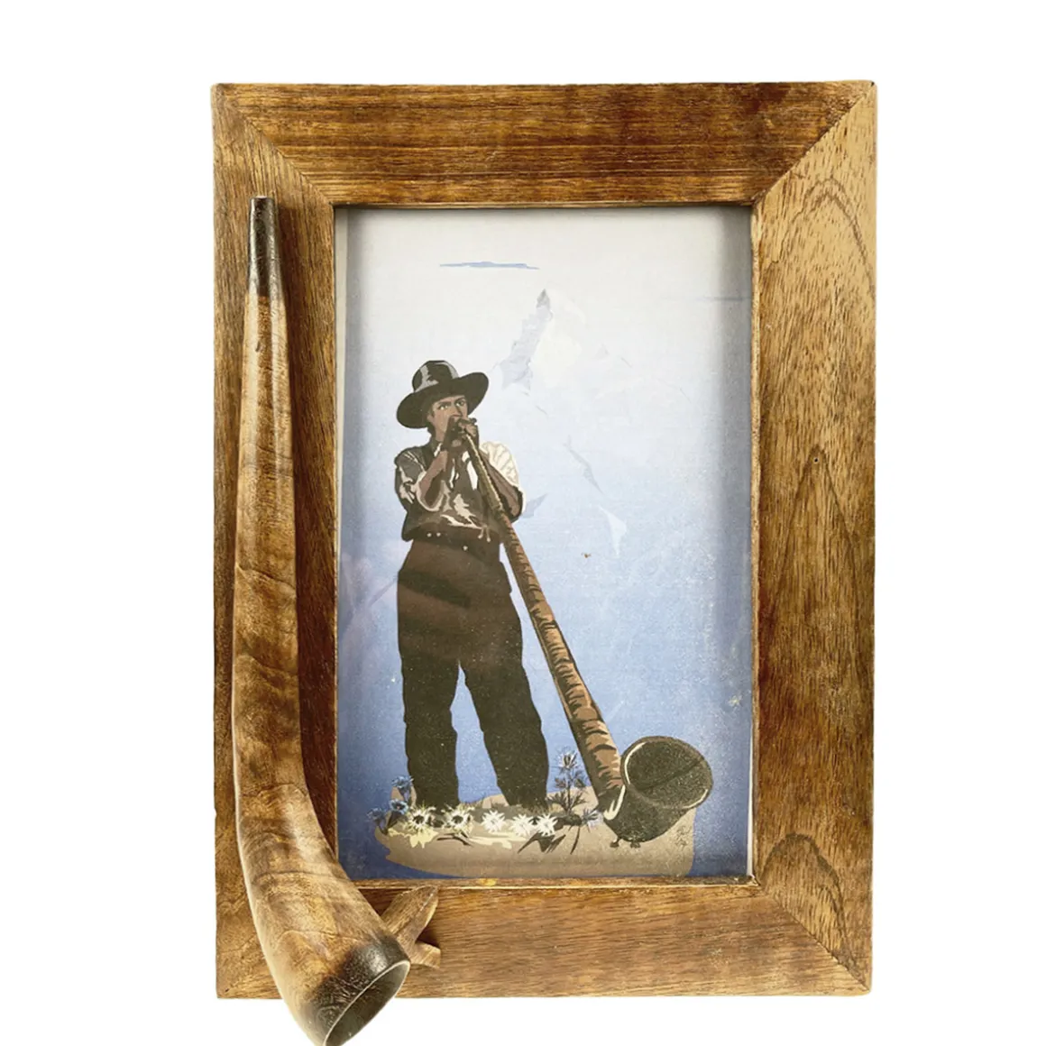 Bilderrahmen mit Alphorn, Holzrahmen Alphornbläser, Cors des Alpes, 29x20cm, Les Sculpteurs du lac