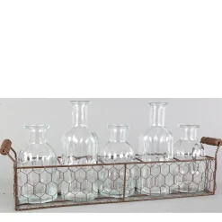 Blumenvasen im Drahtkorb, 5 Vasen im Henkelkorb, 46cm