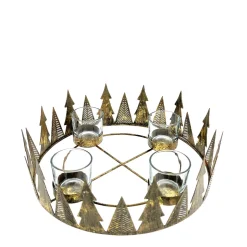 Deko Adventskranz antik gold, runder Teelichthalter mit Tannenbäume, Ø26cm