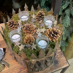 Deko Adventskranz antik gold, runder Teelichthalter mit Tannenbäume, Ø26cm