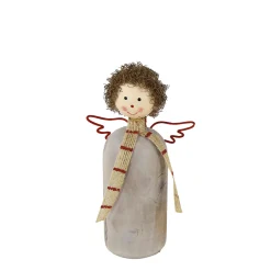 Deko Engel, Holzengel mit Schal, used look, grau-rot, 16cm