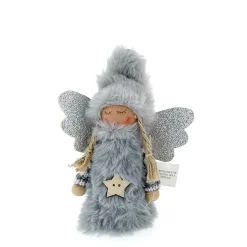 Deko Engel, Plüschengel mit grauer Mütze und Stern, 14cm