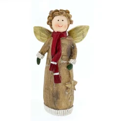Deko Engel, Weihnachtsengel in holzoptik mit rotem Schal und Handschuhe, 18cm