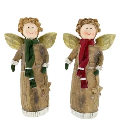 Deko Engel, Weihnachtsengel in holzoptik mit rotem Schal und Handschuhe, 18cm