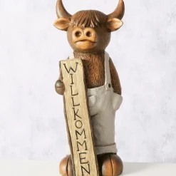 Deko Figur Schottisches Hochlandrind Buffi Willkommen, Hochlandrind mit Latzhose und Schild, Boltze