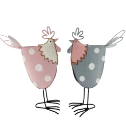 Deko Hahn Ostern, Metallhahn rosa mit weißen Punkte, 25cm, Metall