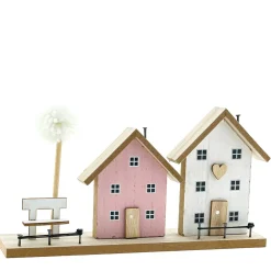 Deko Haus Häuserzeile, Holzhäuser mit Bank und Baum, rosa-weiß, Aufsteller
