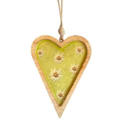 Deko Herz Landhaus, Holzherz hellgrün mit Edelweiß, Emailleoptik, 14x19cm, Hänger