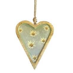 Deko Herz Landhaus, Holzherz blaugrau mit Edelweiß, Emailleoptik, 14x19cm, Hänger