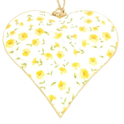 Deko Herz mit Blumen, Metallherz mit Blumen gelb, 15cm, Hänger