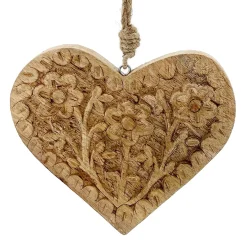 Deko Herz mit Blumenmuster, Holzherz mit Relief 3 Blumen, 17x15cm, Hänger