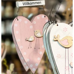 Deko Herz Willkommen, Holzherz  rosa mit Vögel und Blumen, 27x11cm, Hänger