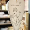 Deko Herz Willkommen, Metallherz mit Blumenmotiv weiß shabby chic , 14x12cm, Hänger