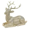 Deko Hirsch liegend, silbergold mit Glimmer, 15x13cm, Polyresin