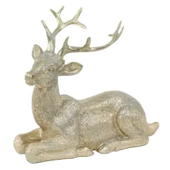Deko Hirsch liegend, silbergold mit Glimmer, 15x13cm, Polyresin