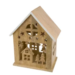 Deko Holzhaus Winter, massives Holzhaus mit Winter-Ausschnitt, Relief-Arbeit, weiß lackierte Dachkan