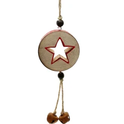 Deko Holzstern natur, Holzscheibe mit Stern und Glöckchen, grüne Punkte, used look, Ø6cm, Hänger