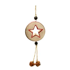 Deko Holzstern natur, Holzscheibe mit Stern und Glöckchen, grüne Punkte, used look, Ø6cm, Hänger