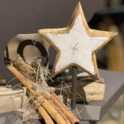 Deko Holzstern, Stern used look unfinished auf Metallständer, natur-creme, 19cm