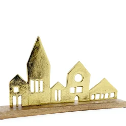 Deko Häuserzeile mit Kirche, Aufsteller Häuser und Kirche, gold, 38cm, Holz-Metall