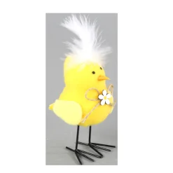 Deko Küken, kleines gelbes Plüschküken mit Blume und Feder, 7x13cm