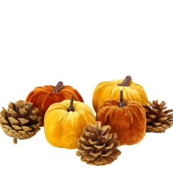 Deko Kürbis, Samtkürbisse und Zapfen, orange/braunorange, 16St/Netz