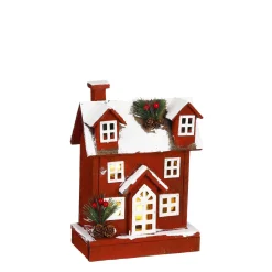 Deko LED Holzhaus beschneit, rot, 21x32cm, battriebetrieben, House of Seasons