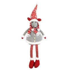 Deko Maus, Weihnachtsmaus Albert mit Strickmütze und Schal, Bammelbeine, grau/rot, 43cm