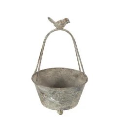Deko Pflanztopf mit Bügel und Vogel, used look, antikgrau, 25cm, Metall