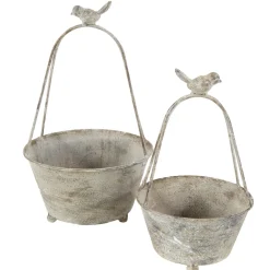 Deko Pflanztopf mit Bügel und Vogel, used look, antikgrau, 25cm, Metall
