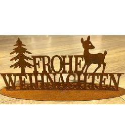 Deko Schriftzug Frohe Weihnachten, Rost Aufsteller Weihnachten mit Tannenbaum und Rehkitz, 28cm
