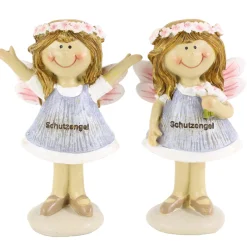 Deko Schutzengel mit Blütenkranz und Blumenstrauß, rosa-grau, 9cm, Polyresin