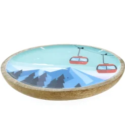 Deko Teller Gondel, Holzteller mit Lackküberzug und Bergmotiv mit Seilbahn, Ø30cm