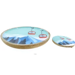 Deko Teller Gondel, Holzteller mit Lackküberzug und Bergmotiv mit Seilbahn, Ø30cm