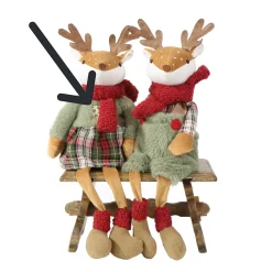 Deko Textil-Hirsch mit Bammelbeine, Hirschdame mit Karokleid und Plüschoberteil, 58cm