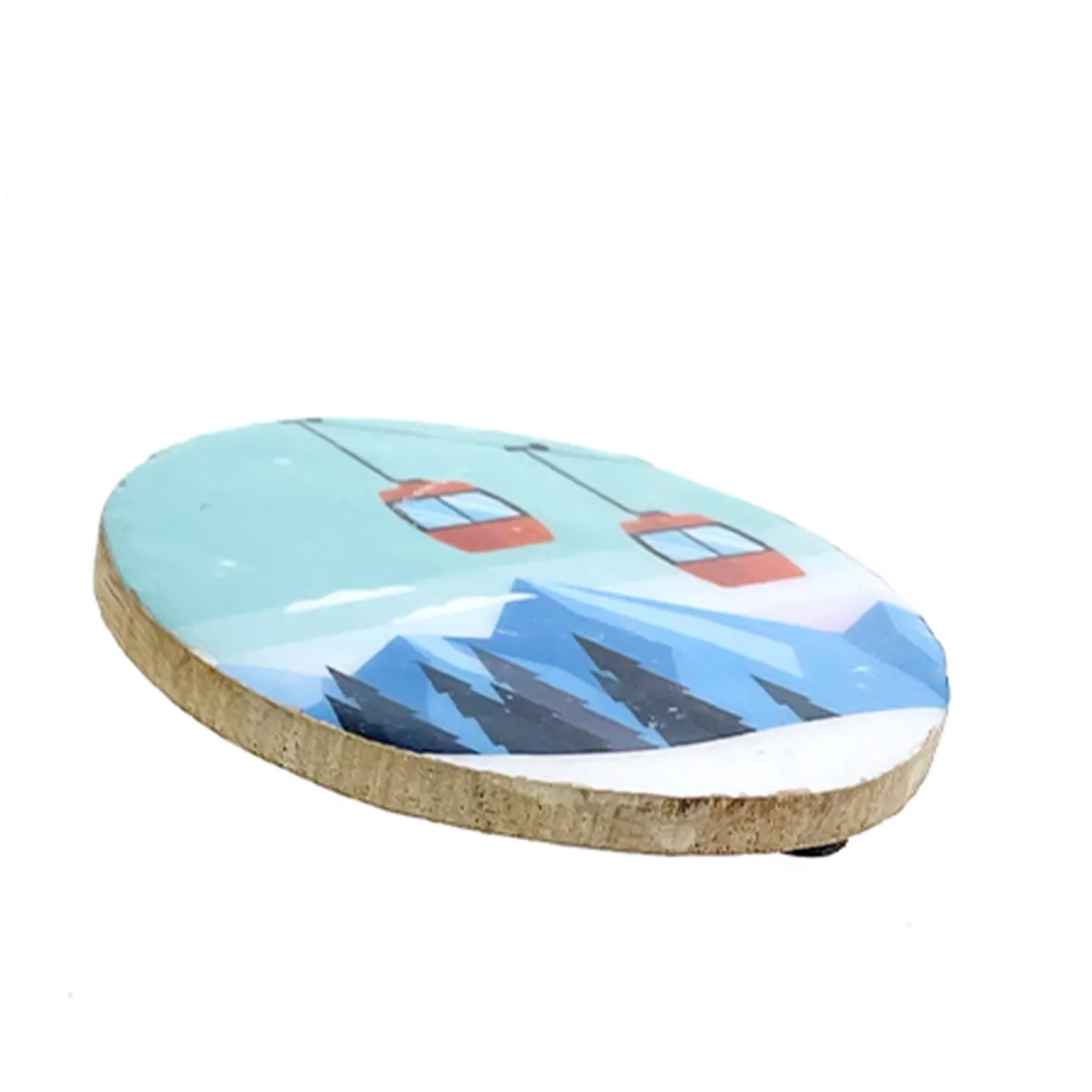 Deko Untersetzer Gondel, Holzuntersetzer mit Lackküberzug und Bergmotiv mit Seilbahn, Ø10cm. 4St/Pck