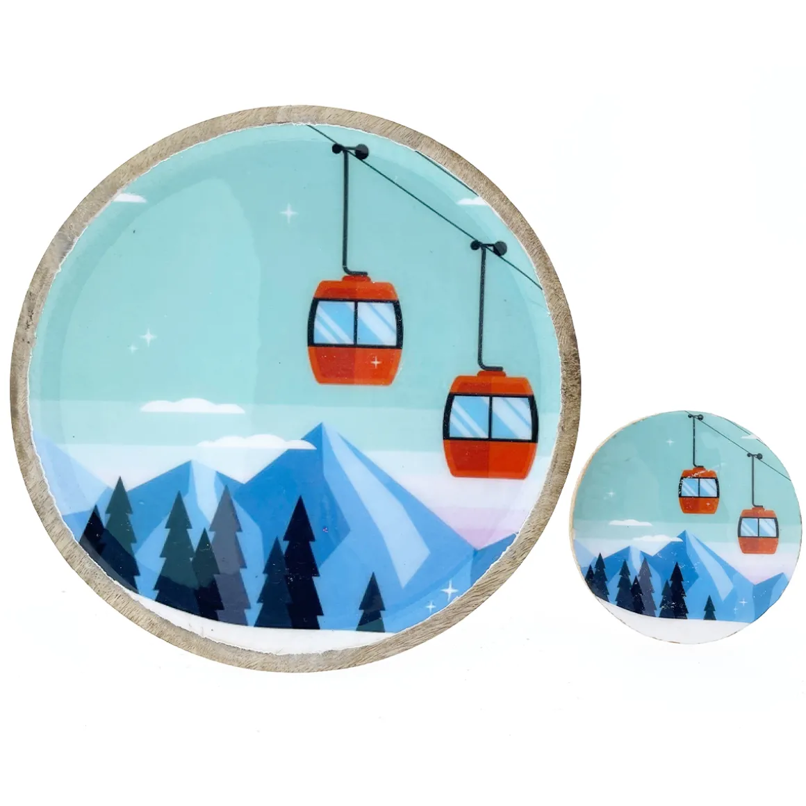 Deko Untersetzer Gondel, Holzuntersetzer mit Lackküberzug und Bergmotiv mit Seilbahn, Ø10cm. 4St/Pck