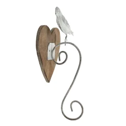 Deko Wandhaken, Herz mit Vogel, braun-weiß, used look, 21x11cm, Metall-Holz