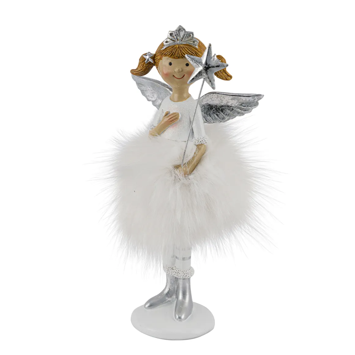 Deko Weihnachtsengel, putziger Engel mit Plüschrock, Krone und Sternenzepter, 22cm