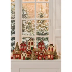 Deko Weihnachtshaus, Keramikhaus mit Türkranz und Geschenke, Windlichthaus rot, Ib Laursen