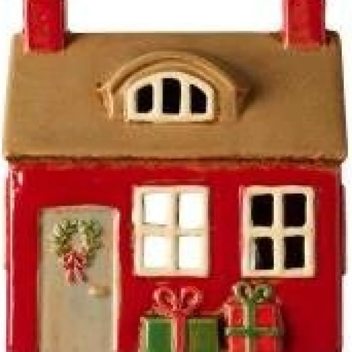 Deko Weihnachtshaus, Keramikhaus mit Türkranz und Geschenke, Windlichthaus rot, Ib Laursen