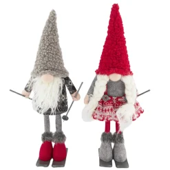 Deko Wichtel Skifahrer, roter Wichtel mit Ski und Plüschmütze, 45cm, Baumwolle/Plüsch