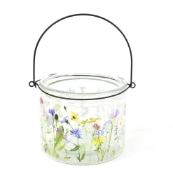 Deko Windlicht Blumenwiese, Windlichtglas mit Henkel mit Blumenwiese, 12x10cm