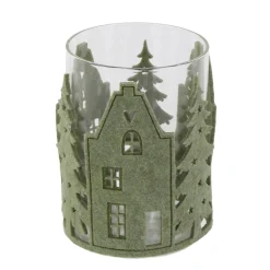 Deko Windlicht Filzhaus grün, Glaswindlicht mit Häuser und Tannenbäume aus Filz, 13cm