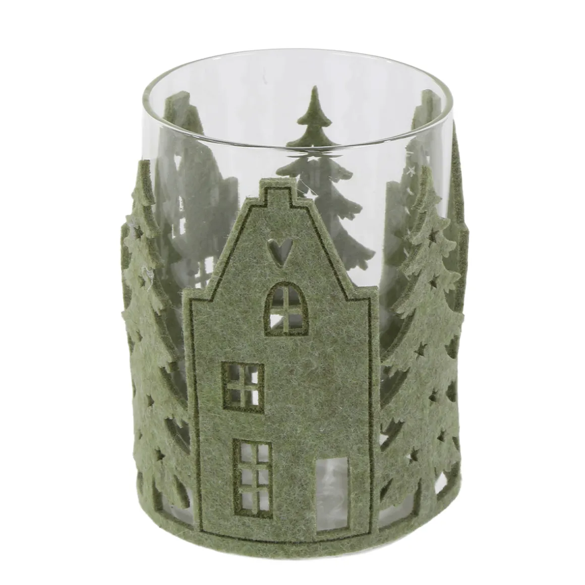 Deko Windlicht Filzhaus grün, Glaswindlicht mit Häuser und Tannenbäume aus Filz, 13cm
