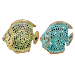 Deko Windlicht Fisch türkis used look, Metallfisch mit kleinem Türchen, 21x18cm